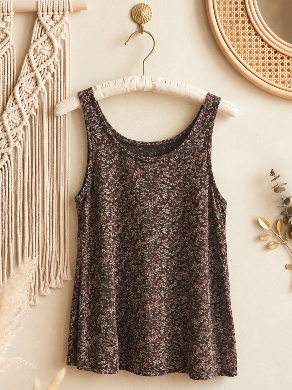 American Eagle Outfitters Black/Dark Brown Tank Top with Pink Floral Print